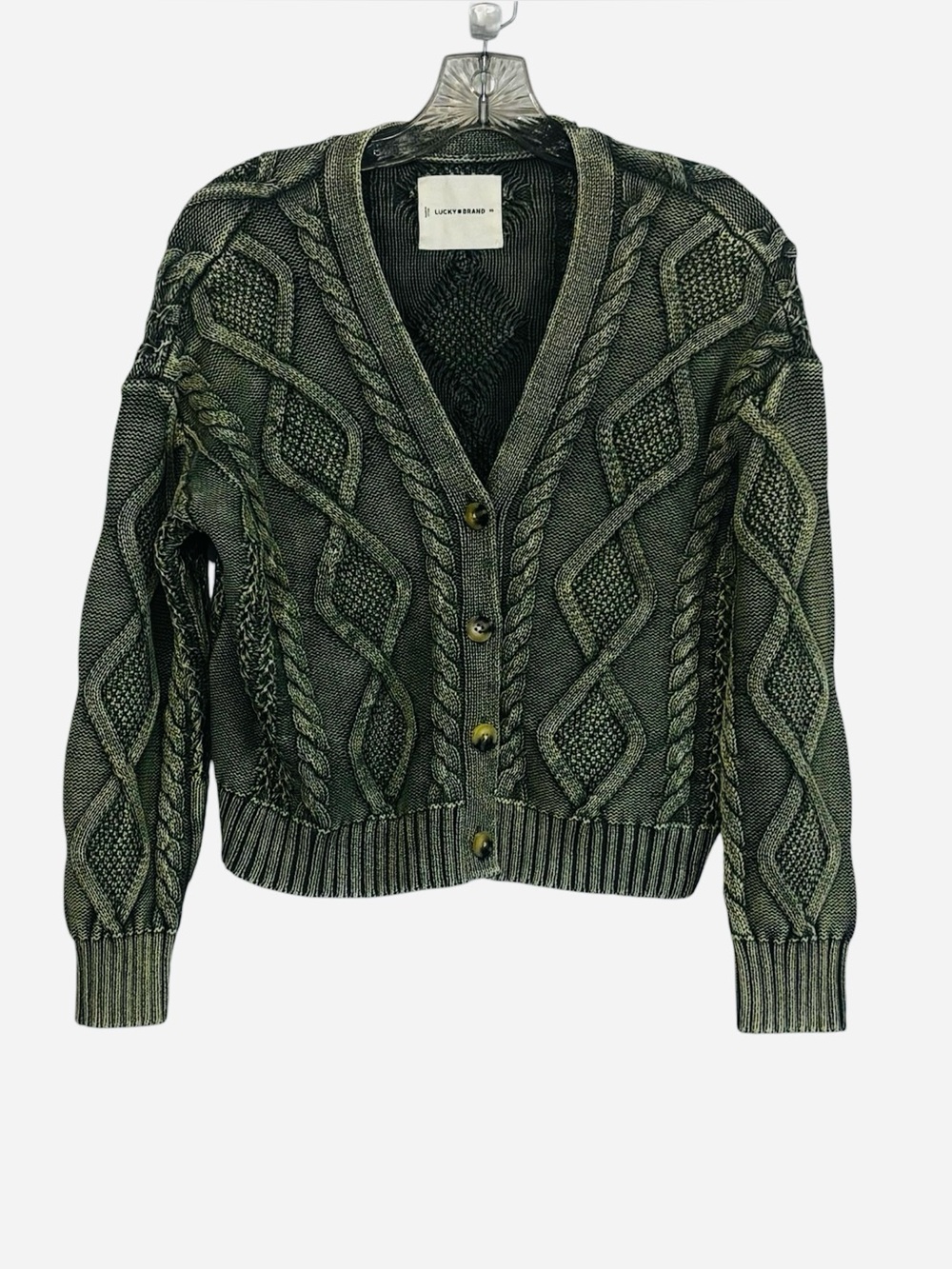Lucky Brand Acid Wash Cable Knit Cropped Cardigan Sweater Olive Green Size XS